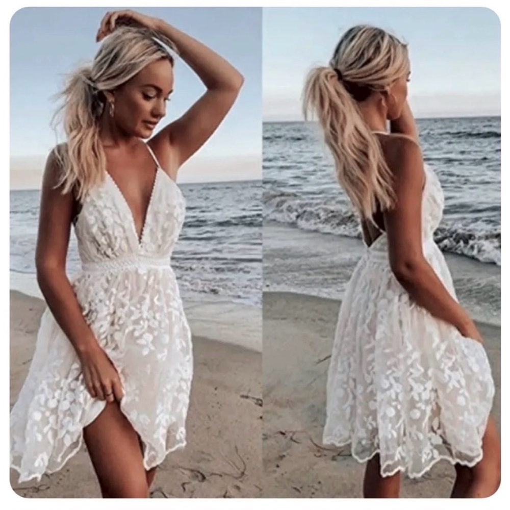 Cupshe Boho White Lace Embroidered Cover-Up Mini Dress, sleeveless, size small